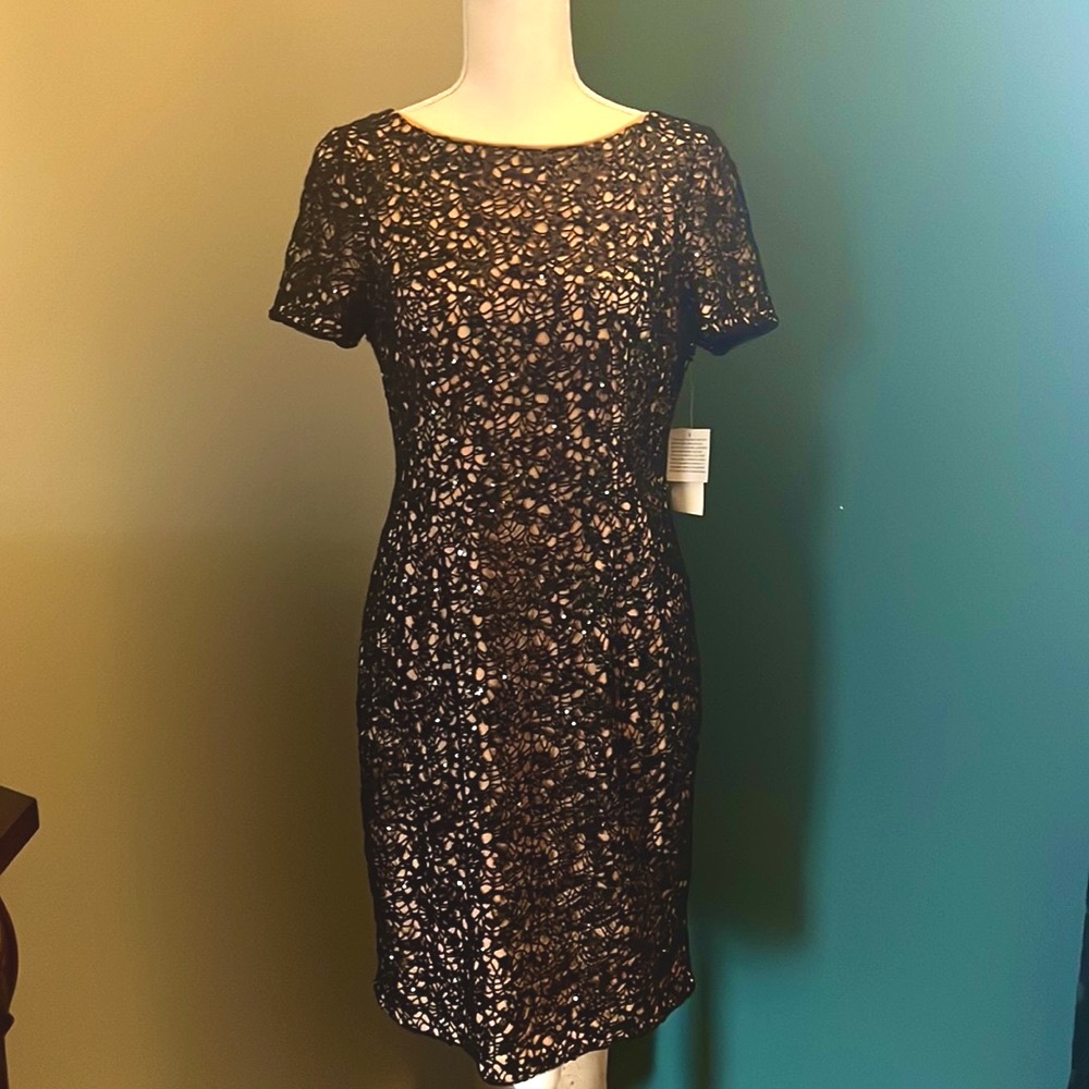 NWT Aidan Mattox Black lace with nude underlay Dress. Size 10.